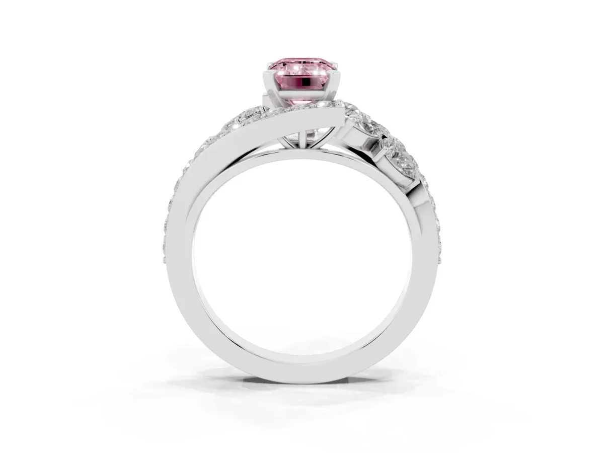 Fancy Pink Emerald Cut Diamond Halo Ring with Marquise and Pavé Band in Prong Setting Platinum