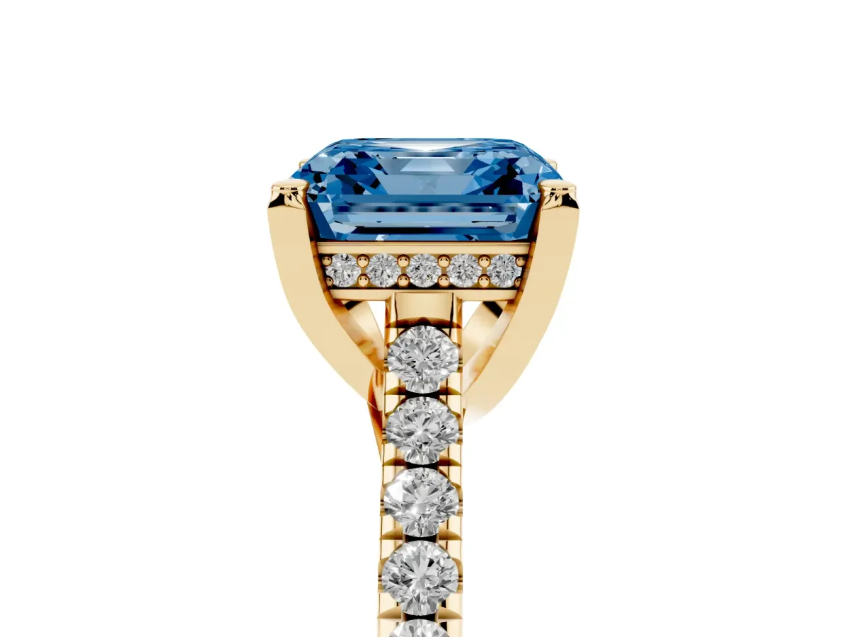 Fancy Blue Asscher Cut Brilliant Diamond Solitaire with Pavé Band and Four-Prong Setting Yellow gold