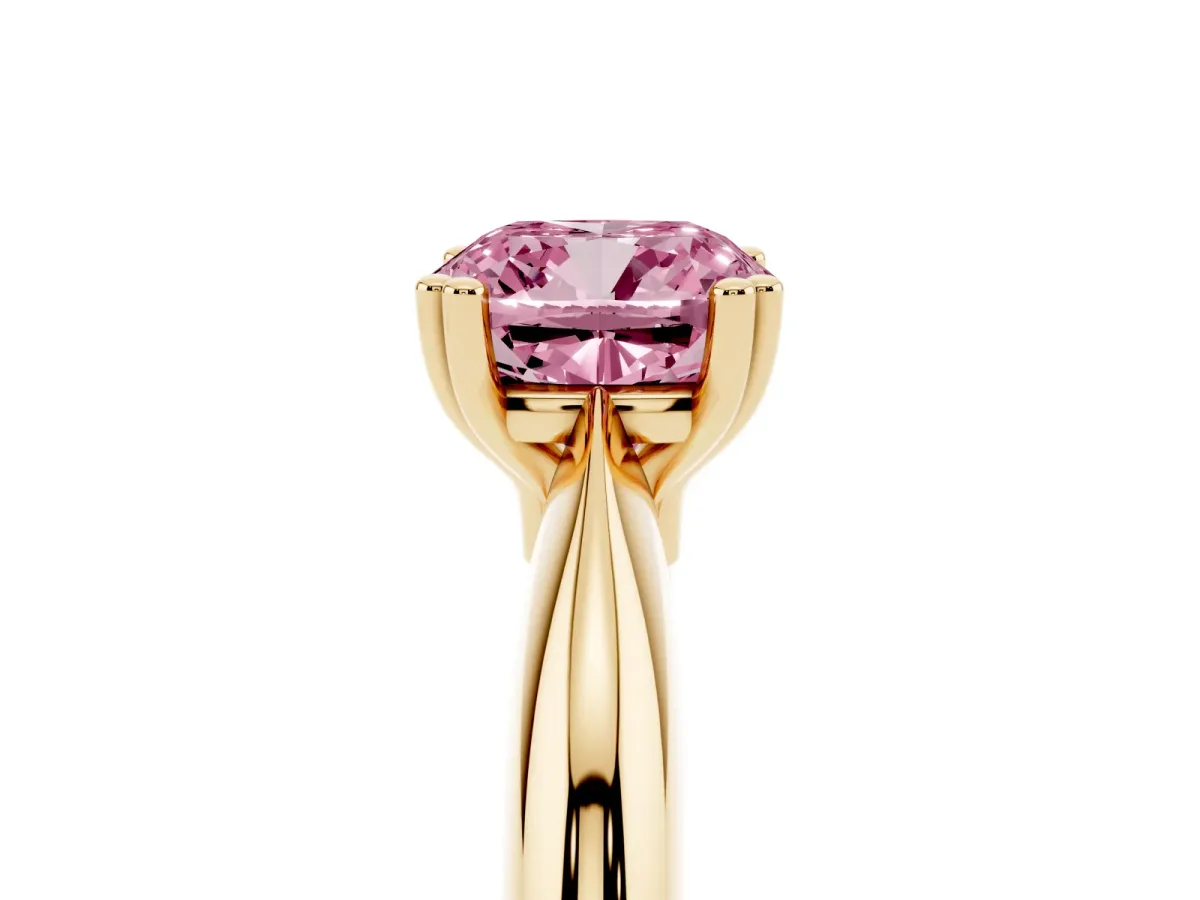 Fancy Pink Cushion Cut Cut Solitaire Engagement Ring with Tapered Band and Four-Prong Setting Yellow gold
