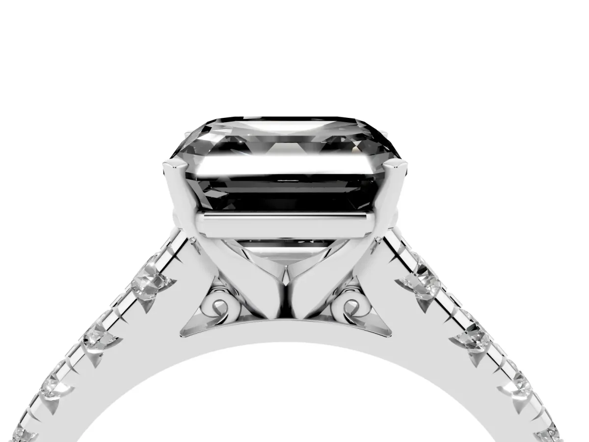 Fancy Black Asscher Cut Diamond Cathedral Solitaire Ring with Round Pavé Band Silver