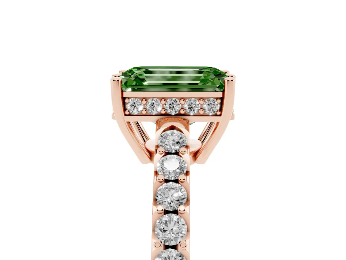 Fancy Green Emerald Cut Solitaire Diamond Engagement Ring with Pavé Band and Six-Prong Setting Rose gold