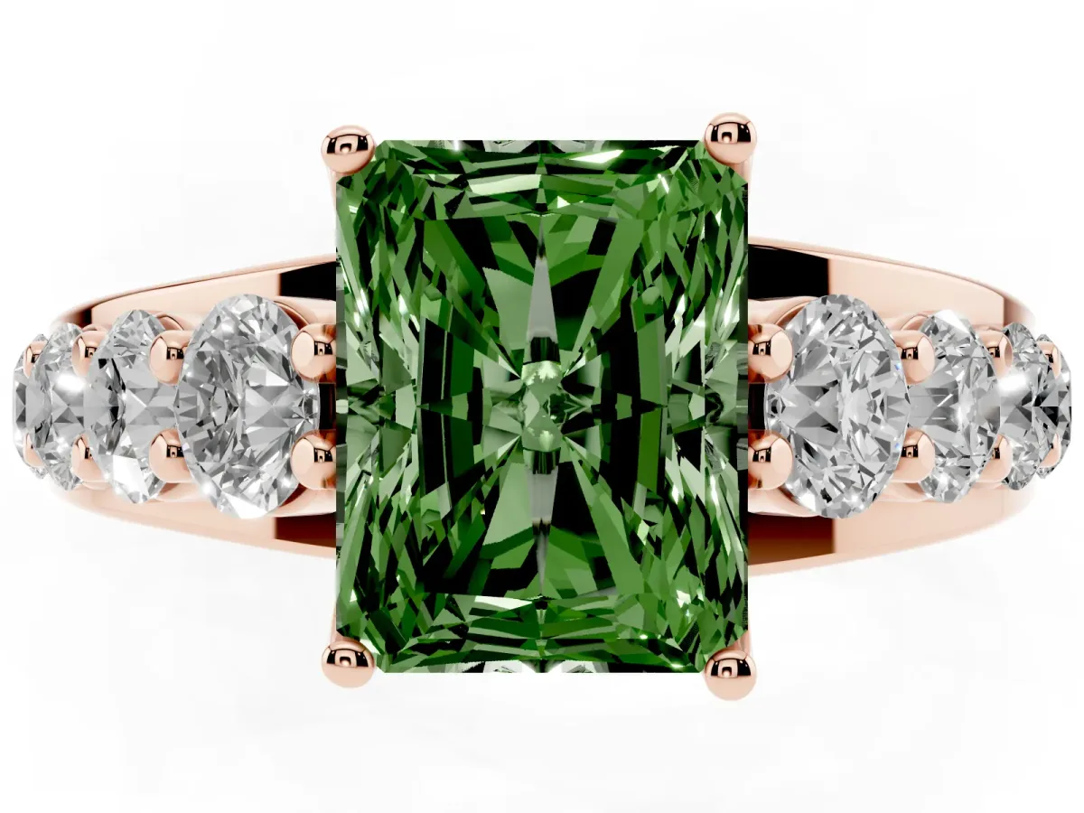 Fancy Green Radiant Cut Diamond Engagement Ring with Pavé Band and Four-Prong Setting Rose gold
