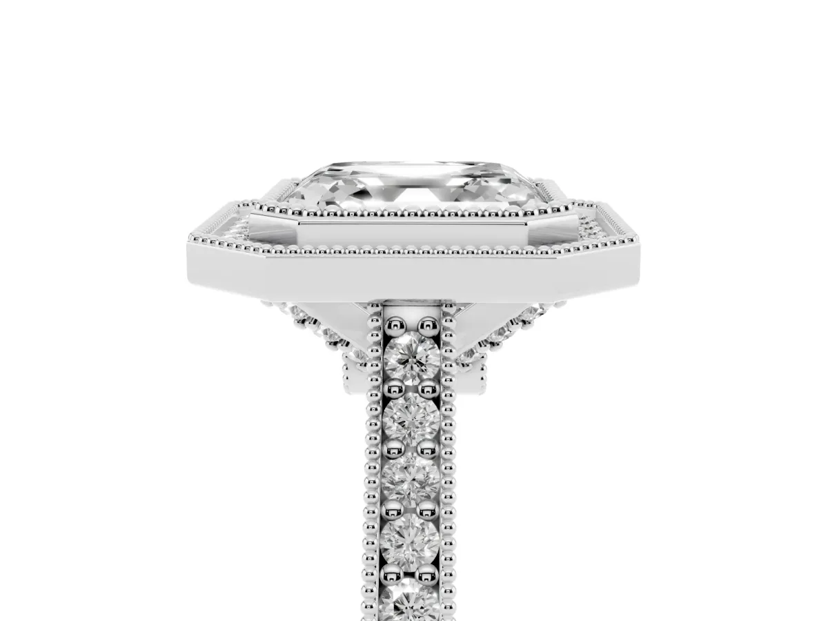 Halo Asscher Cut-Cut Diamond Pave Band Milgrain Prong Setting Ring Silver