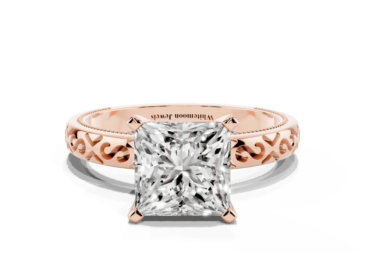 Princess Cut Solitaire Engagement Ring with Scrollwork Band and Four-Prong Setting Rose gold