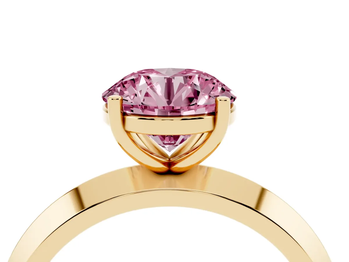 Fancy Pink Round Cut Cut Solitaire Engagement Ring with Flat Band and Four-Prong Setting Yellow gold