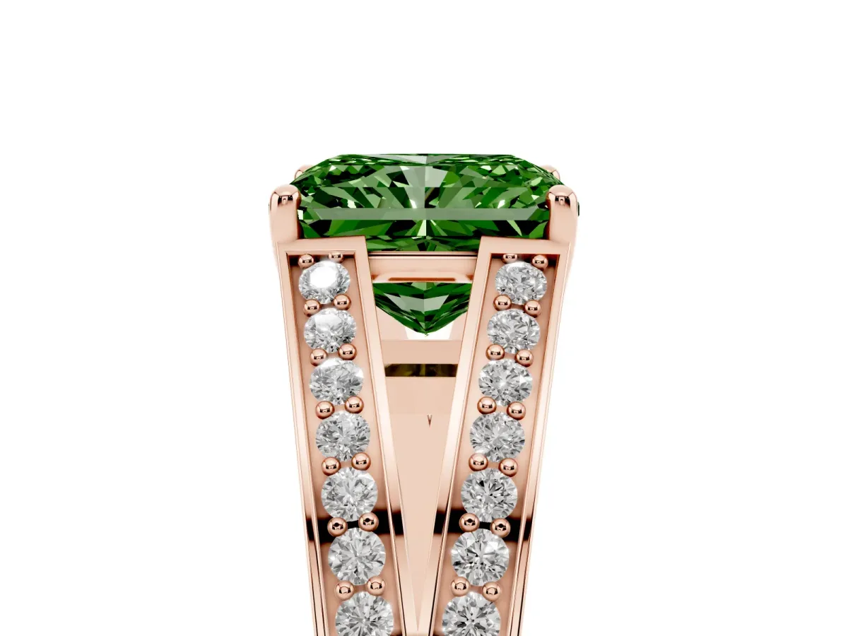 Fancy Green Radiant Cut Diamond Split Shank Ring with Pavé Band and Four-Prong Setting Rose gold