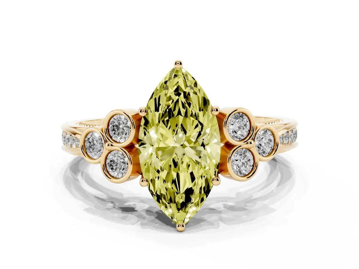 Fancy Yellow Marquise Cut Cut Diamond Engagement Ring with Bezel Set Round Side Stones and Prong Setting Yellow gold