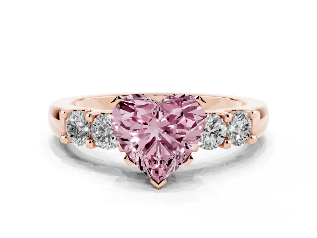 Fancy Pink Heart Cut Brilliant Cut Diamond Five-Stone Prong Set Engagement Ring with Channel Band Rose gold