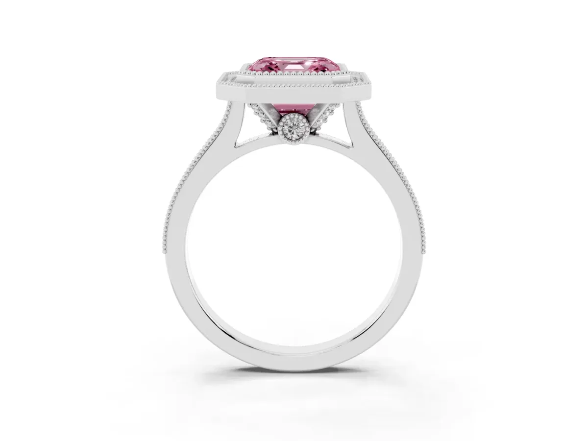 Fancy Pink Halo Asscher Cut-Cut Diamond Pave Band Milgrain Prong Setting Ring Silver