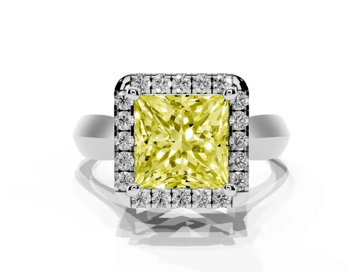 Fancy Yellow Princess Cut Cut Halo Solitaire Engagement Ring with Square Band and Four-Prong Setting Silver