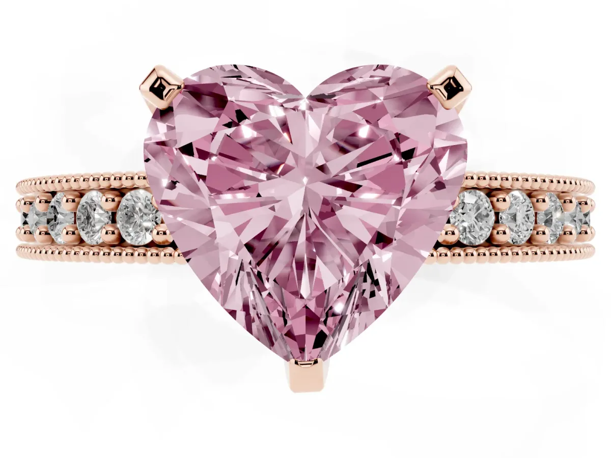 Fancy Pink Heart Cut Diamond Milgrain Pavé Engagement Ring with Four-Prong Setting Rose gold