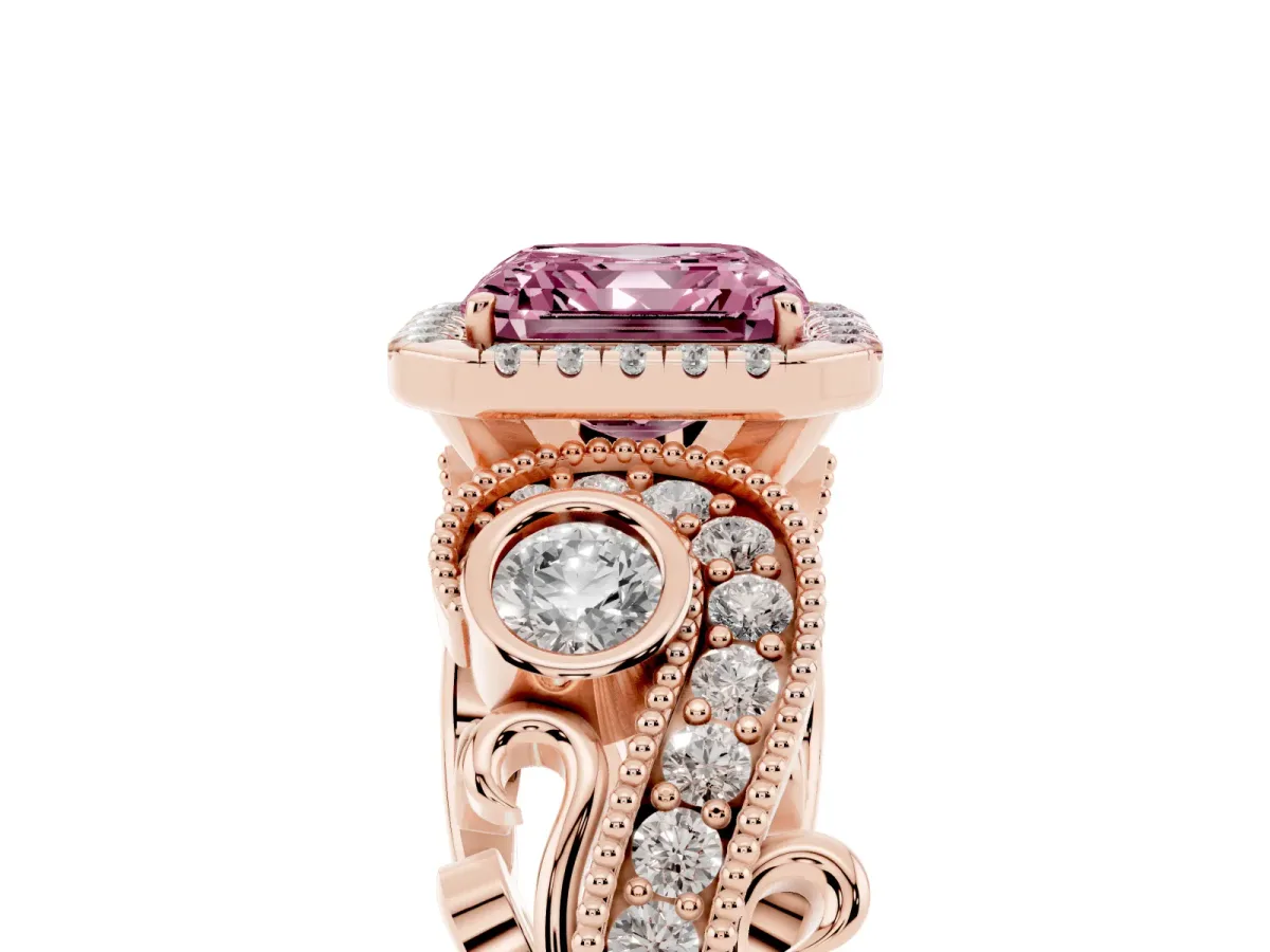 Fancy Pink Asscher Cut Halo Diamond Ring with Milgrain and Bezel Accents on a Split Shank Band Rose gold