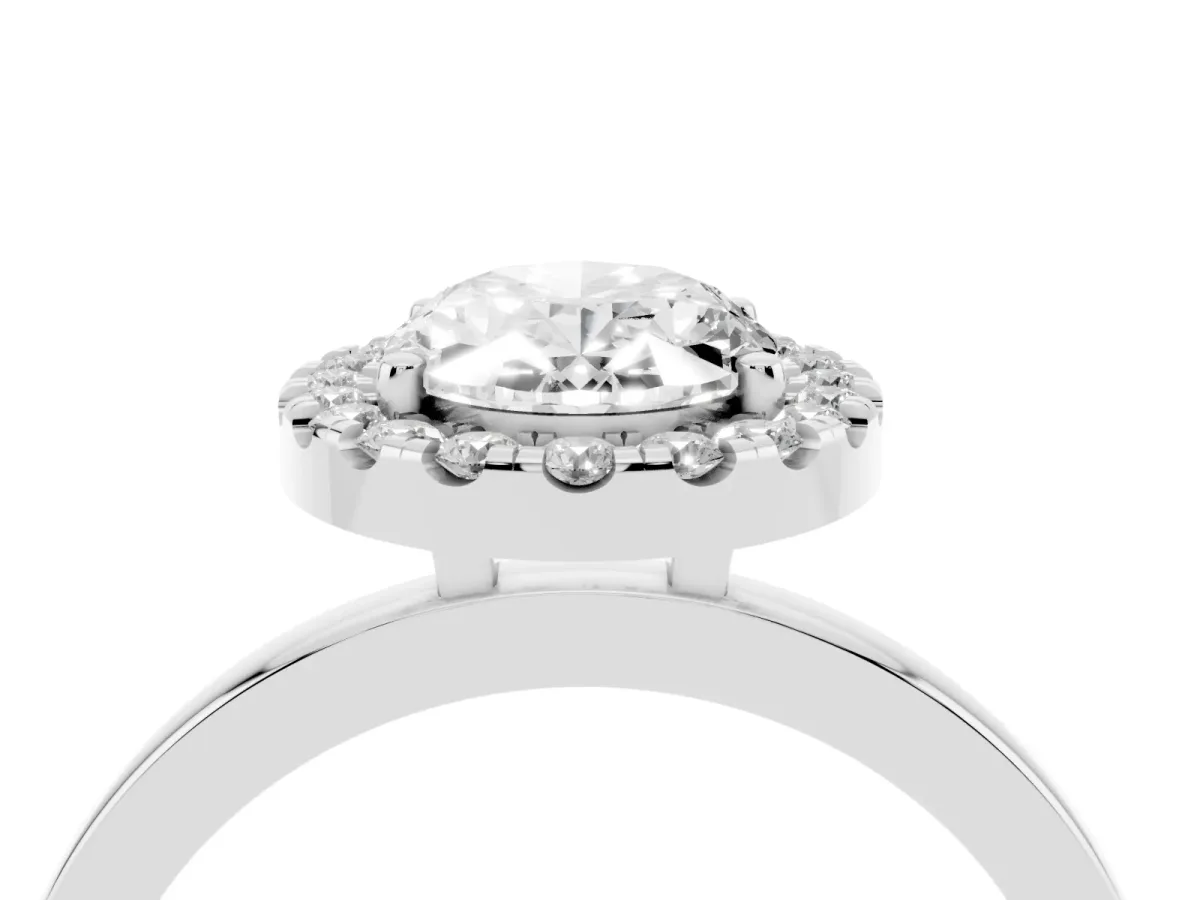 Oval Cut Halo Diamond Solitaire with Pavé Band and Four-Prong Setting White gold