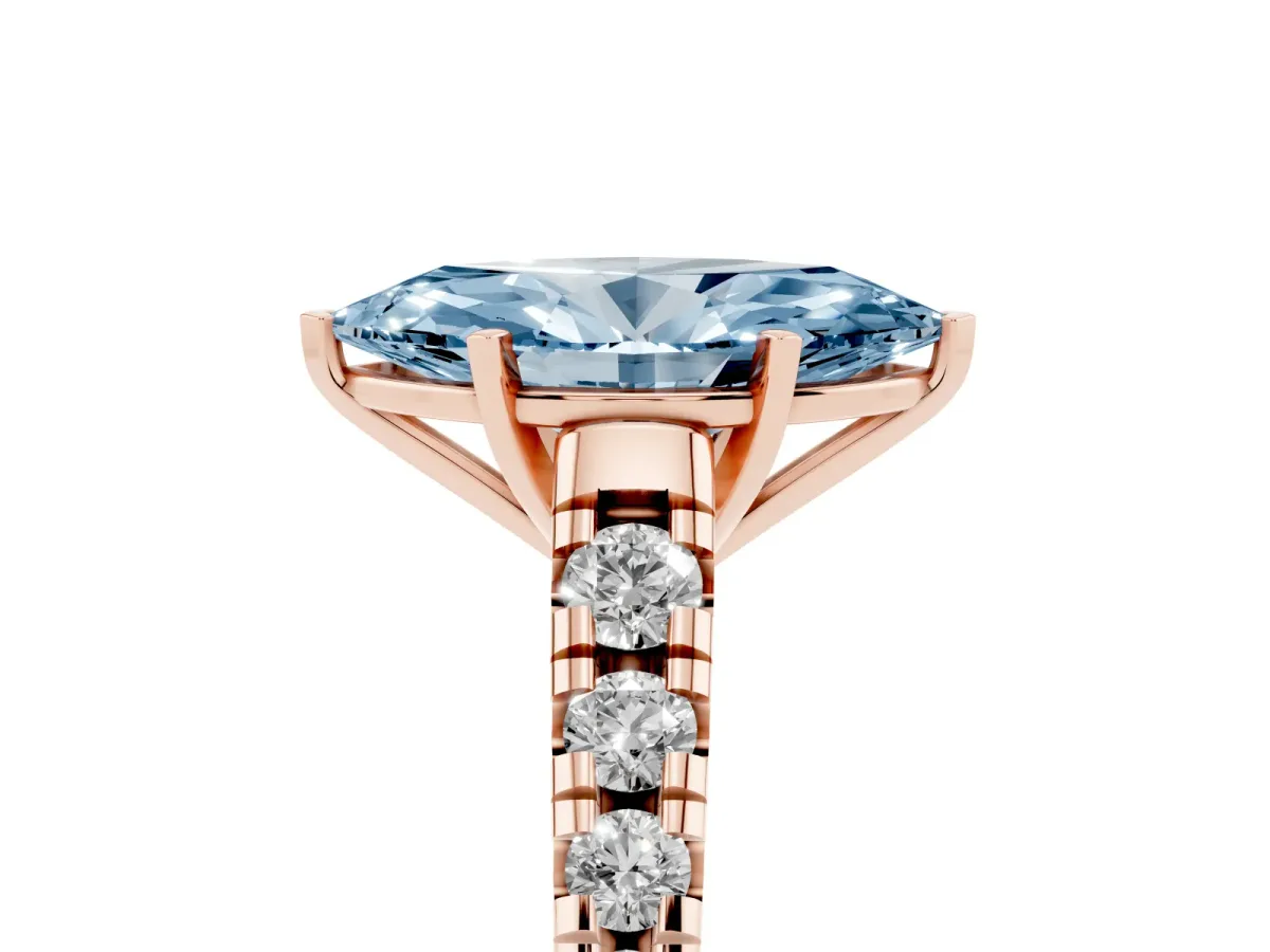 Fancy Blue Marquise Cut Diamond Cathedral Solitaire Ring with Round Pavé Band Rose gold