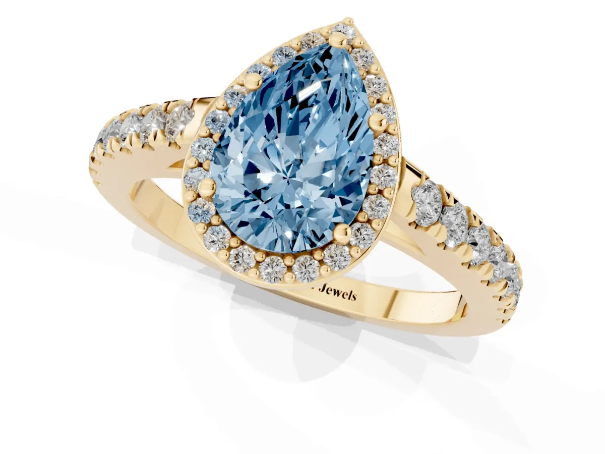 Fancy Blue Pear Cut Cut Halo Diamond Engagement Ring with Pave Band and Four-Prong Setting Yellow gold