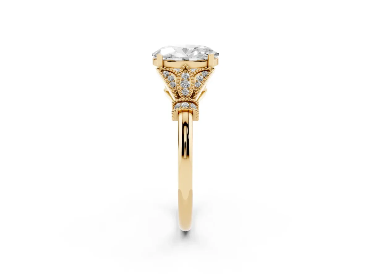 Oval Cut Diamond Solitaire Ring with Floral Filigree and Pave Accents Yellow gold