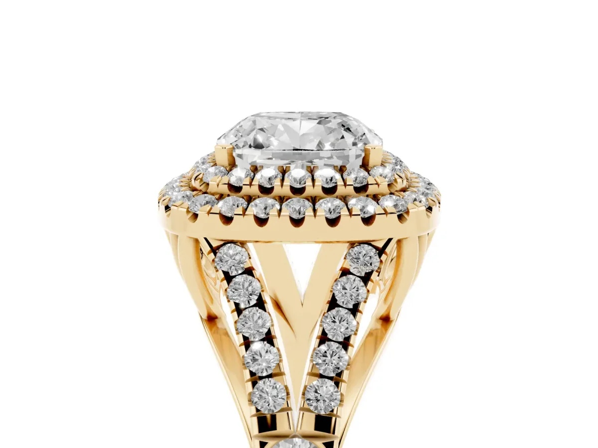 Cushion Cut Diamond Pavé Split Shank Double Halo Engagement Ring Yellow gold