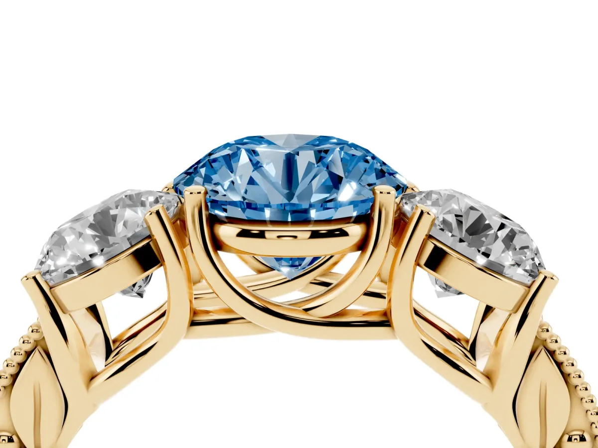 Fancy Blue Three-Stone Round Cut Cut Milgrain Pavé Engagement Ring Yellow gold