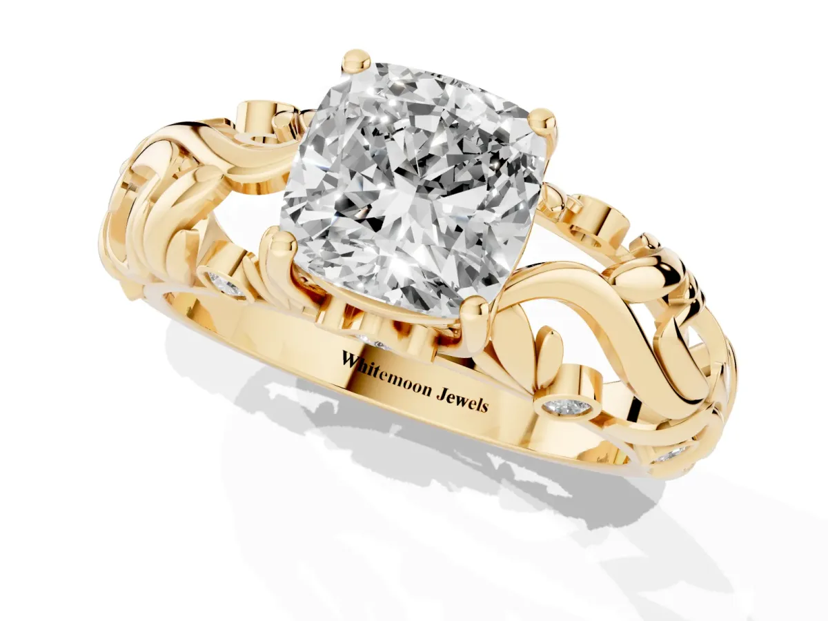 Cushion Cut Solitaire Diamond Leaf-Inspired Vine Band Ring with Prong Setting Yellow gold