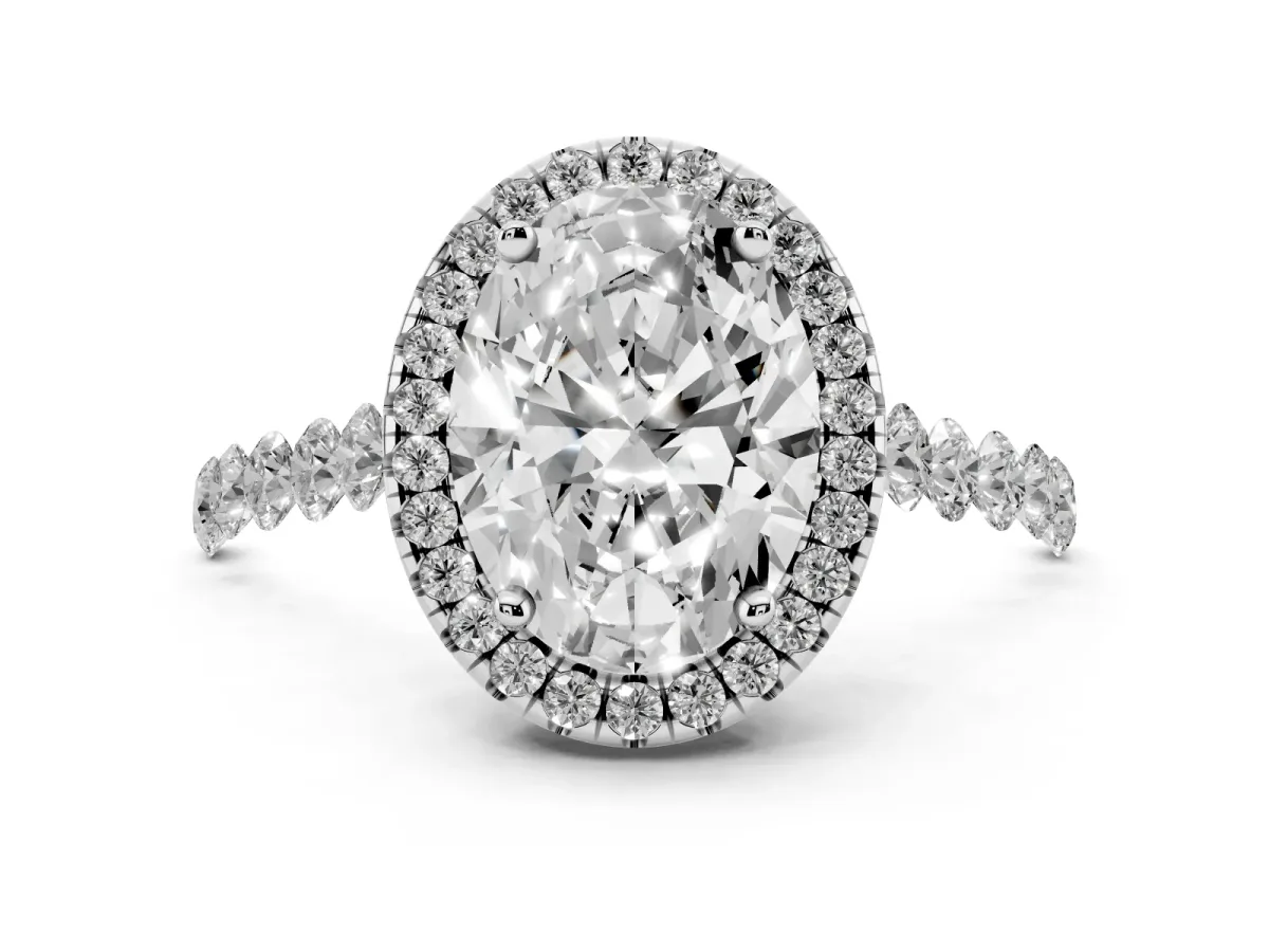 Oval Cut Halo Pavé Diamond Engagement Ring with Four-Prong Setting Silver