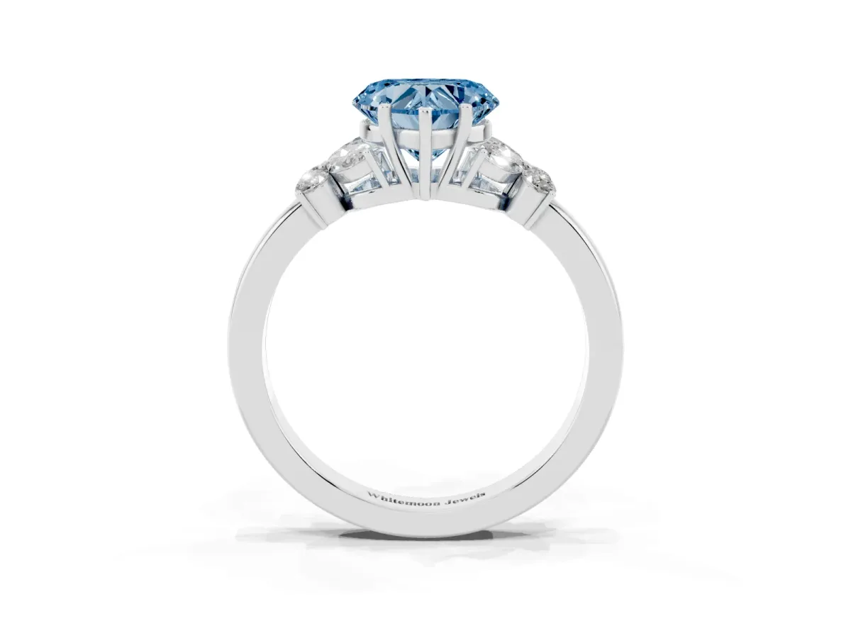 Fancy Blue Heart Cut Cut Solitaire Floral Diamond Ring with Four-Prong Setting Silver