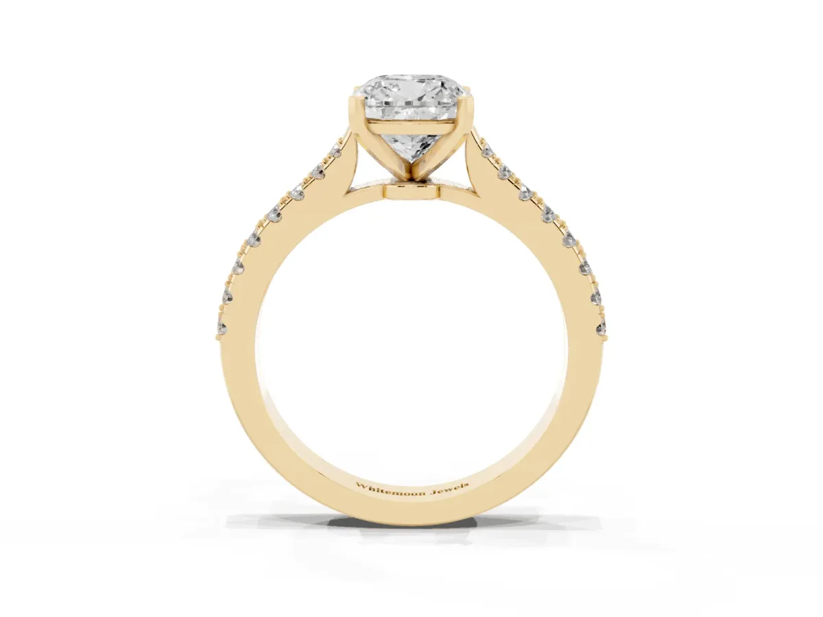 Cushion Cut Cut Solitaire Diamond Engagement Ring with Pave Band and Four-Prong Setting Yellow gold