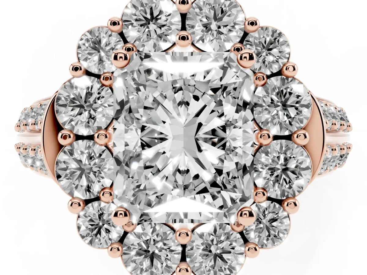 Radiant Cut Halo Diamond Engagement Ring with Split Shank and Prong Setting Rose gold