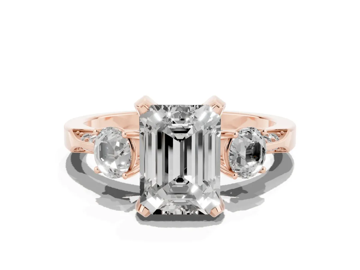 Fancy Blue Emerald Cut Brilliant Three-Stone Diamond Ring with Pavé Band and Four-Prong Setting Rose gold