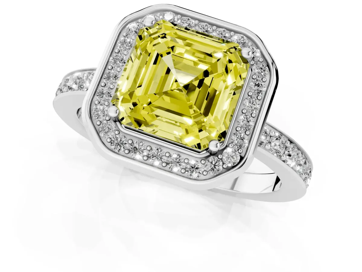 Fancy Yellow Asscher Cut Diamond Halo Ring with Bezel Frame and Pavé Band Silver