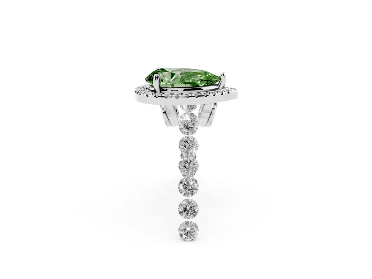 Fancy Green Pear Cut Halo Pavé Diamond Engagement Ring with Four-Prong Setting Platinum