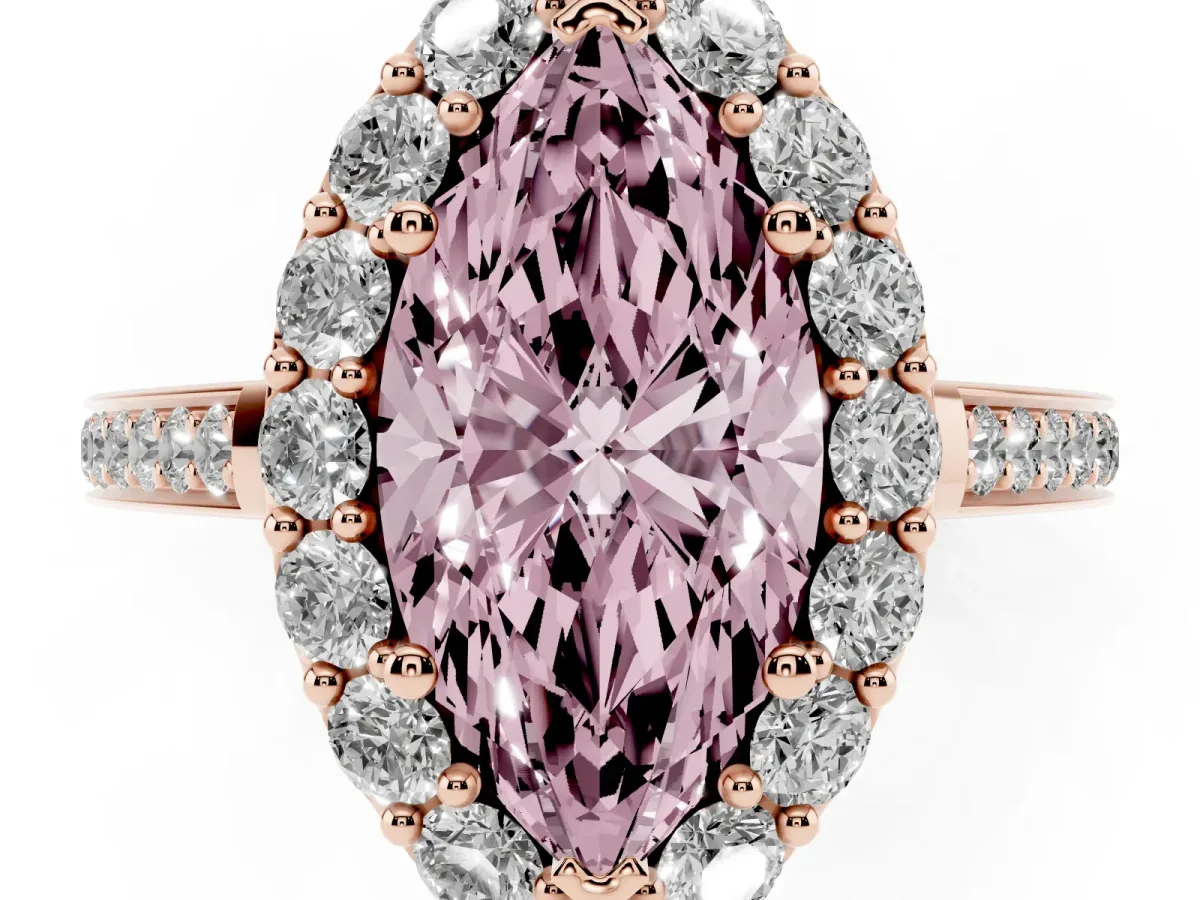Fancy Pink Marquise Cut Diamond Floral Halo Ring with Pavé Band and Prong Setting Rose gold