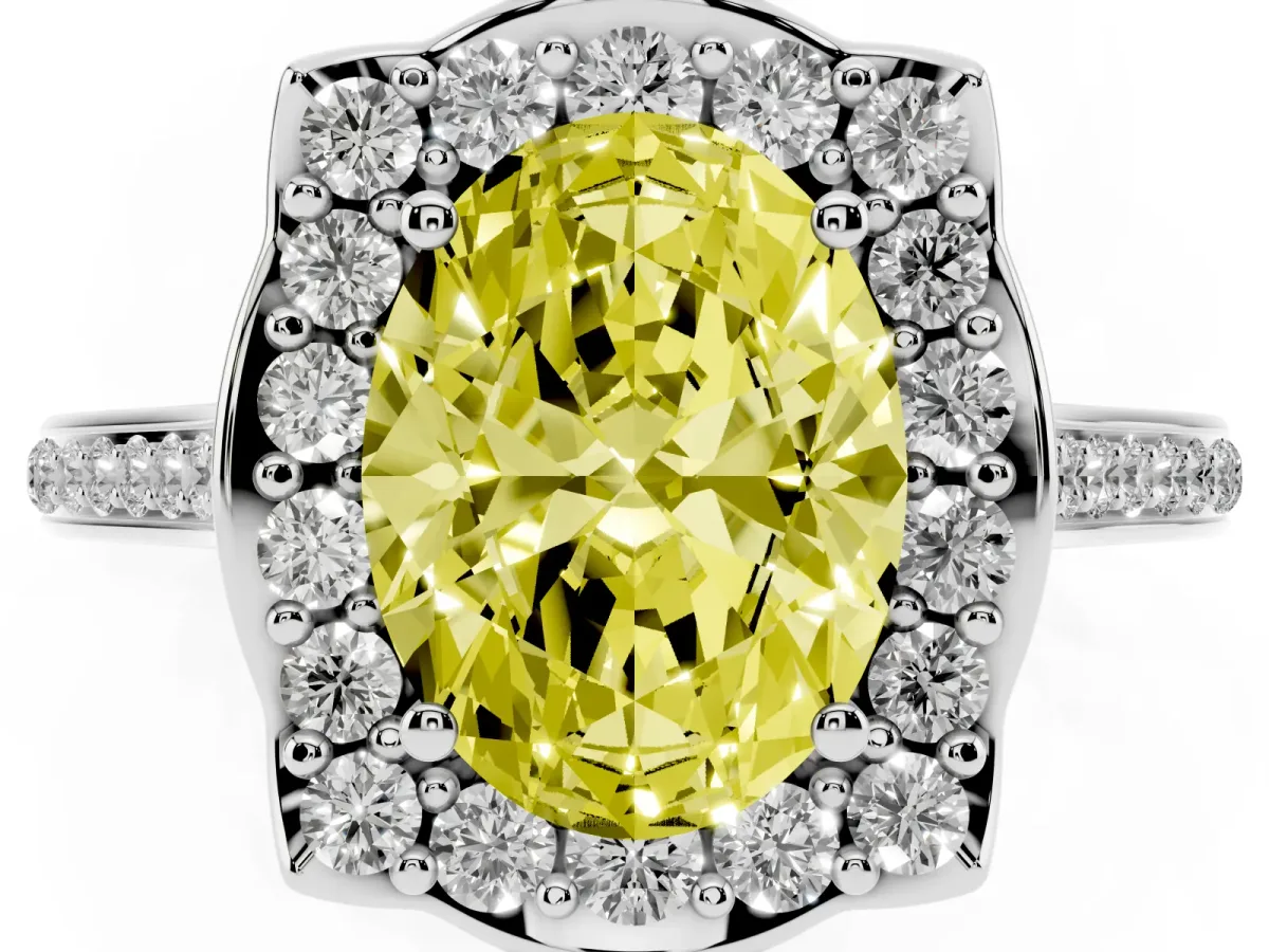 Fancy Yellow Oval Cut Halo Round Diamond Pave Band with Four-Prong Setting Silver