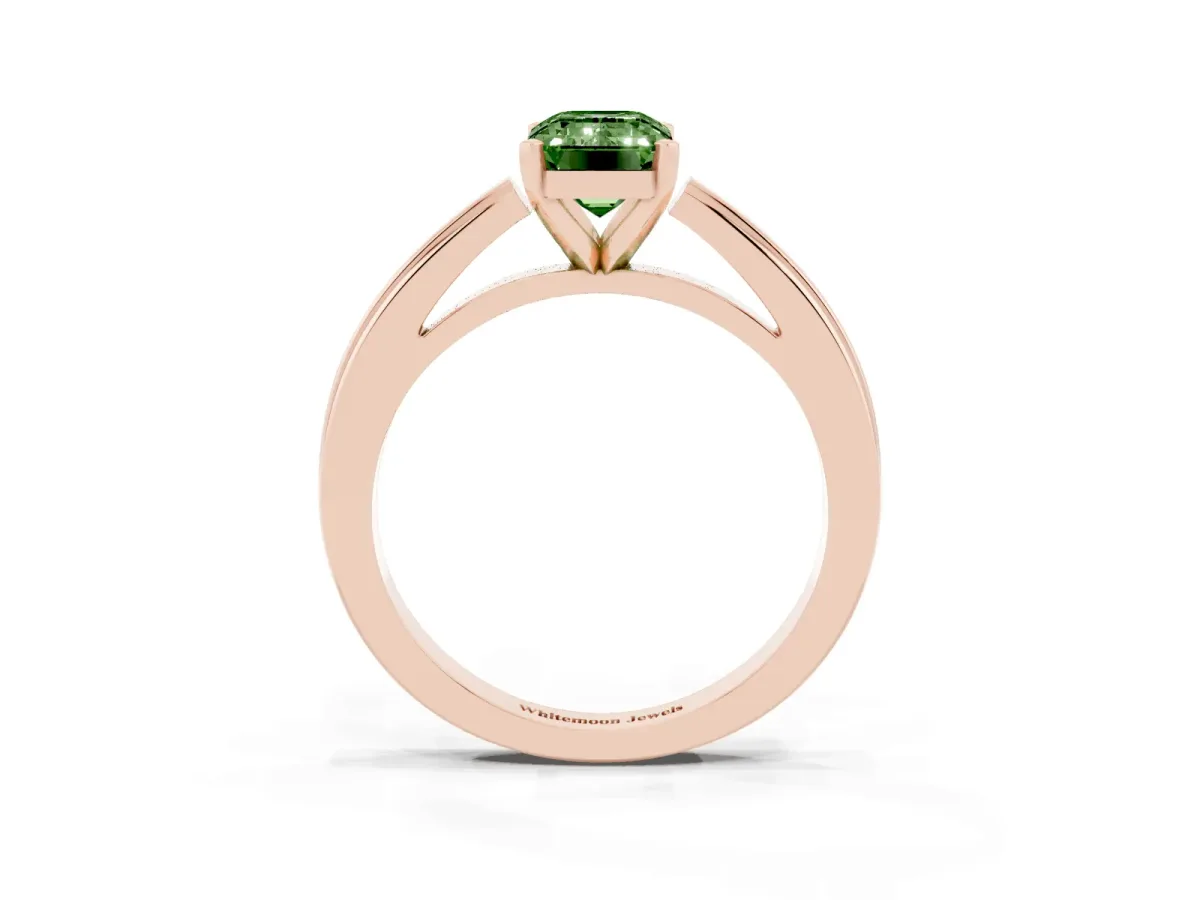 Fancy Green Emerald Cut Solitaire Diamond Ring with Four-Prong Setting and Classic Band Rose gold