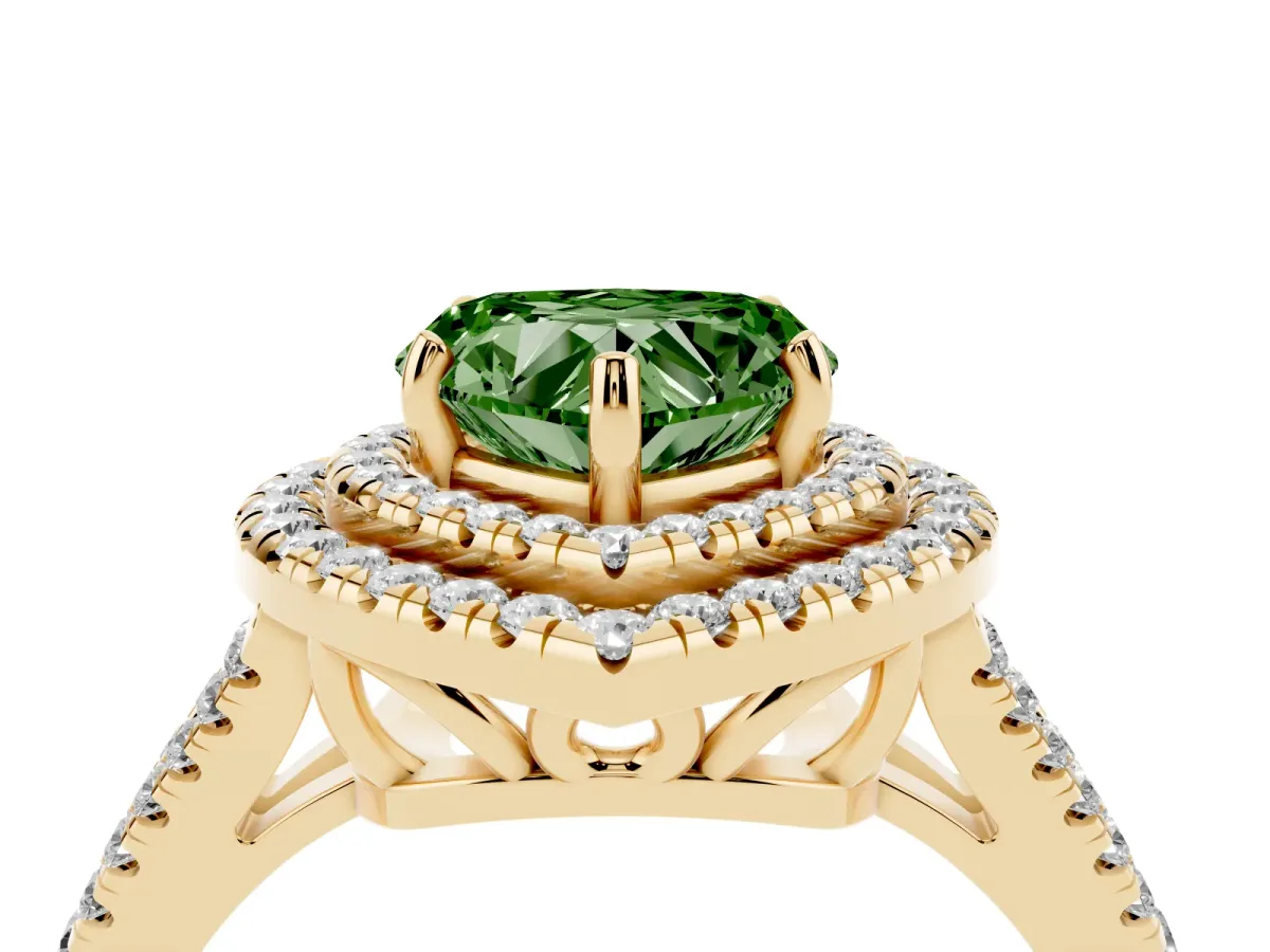Fancy Green Heart Cut Diamond Double Halo Ring with Pavé Band and Prong Setting Yellow gold