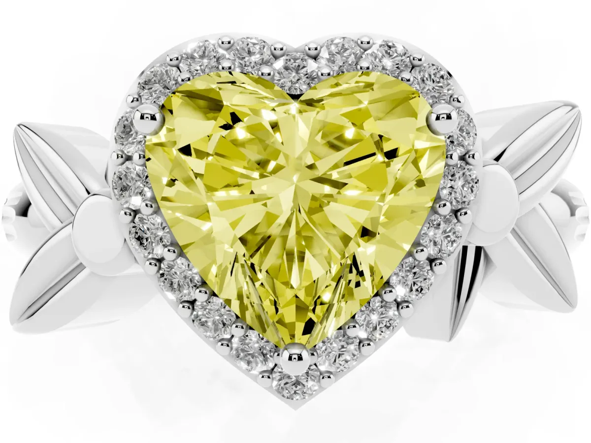 Fancy Yellow Heart Cut Halo Diamond Floral Band with Four-Prong Setting Platinum