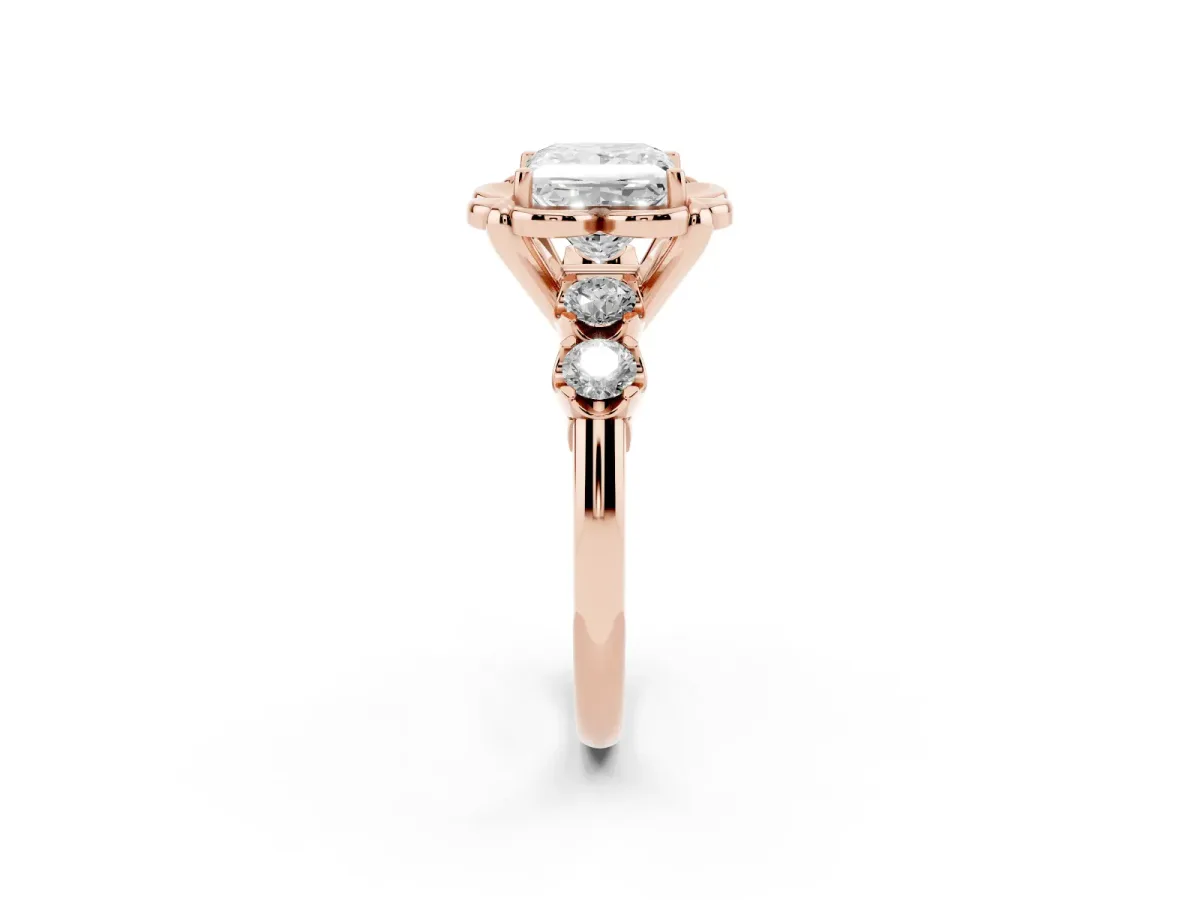 Princess Cut Cut Diamond Floral Halo Engagement Ring with Shared Prong Setting Rose gold
