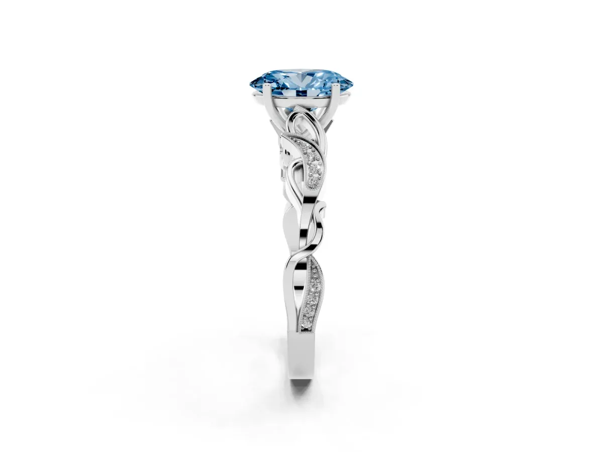 Fancy Blue Oval Cut Solitaire Vine Band with Milgrain Prong Setting White gold
