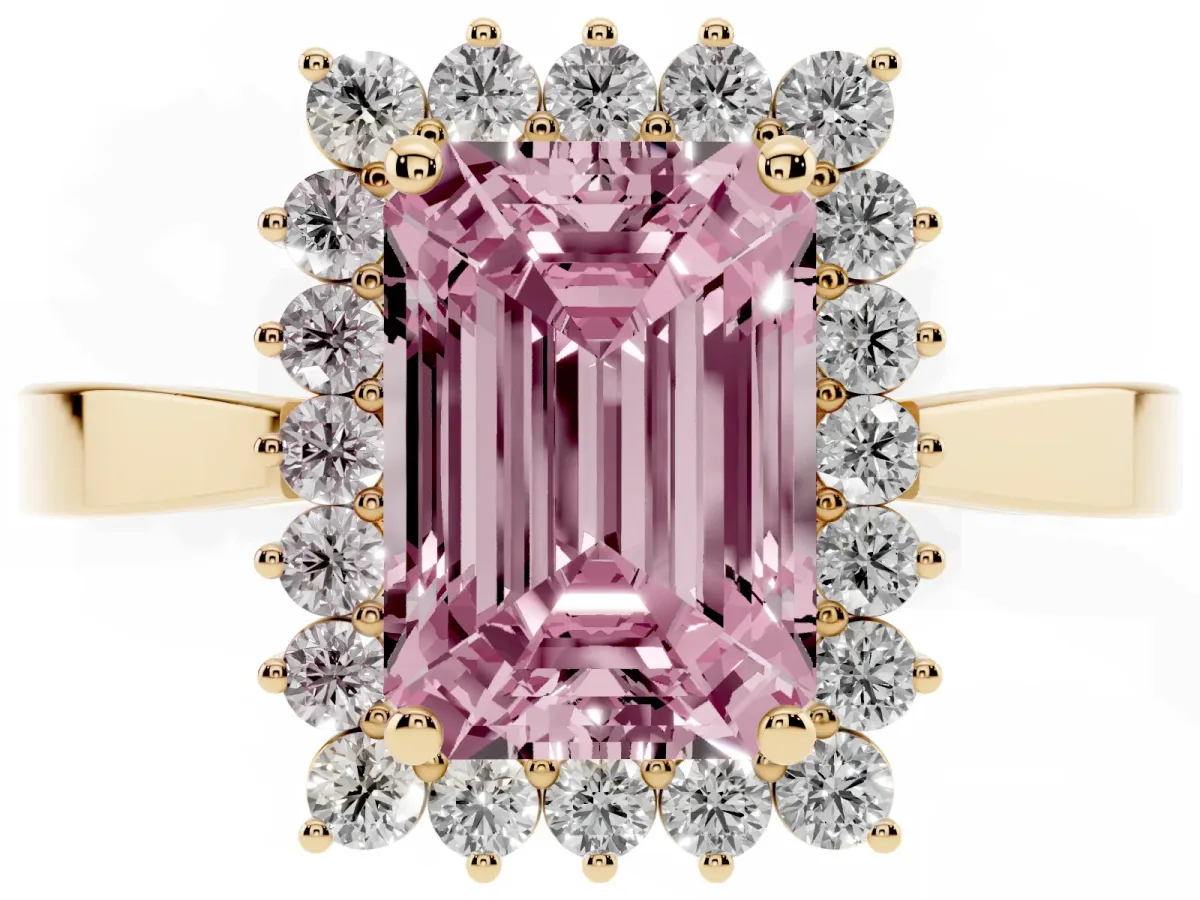 Fancy Pink Emerald Cut Cut Diamond Halo Ring with Round Brilliant Halo and Solitaire Band Yellow gold