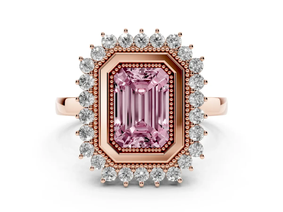 Fancy Pink Emerald Cut Halo Diamond Ring with Milgrain Edge and Round Prong Setting Rose gold