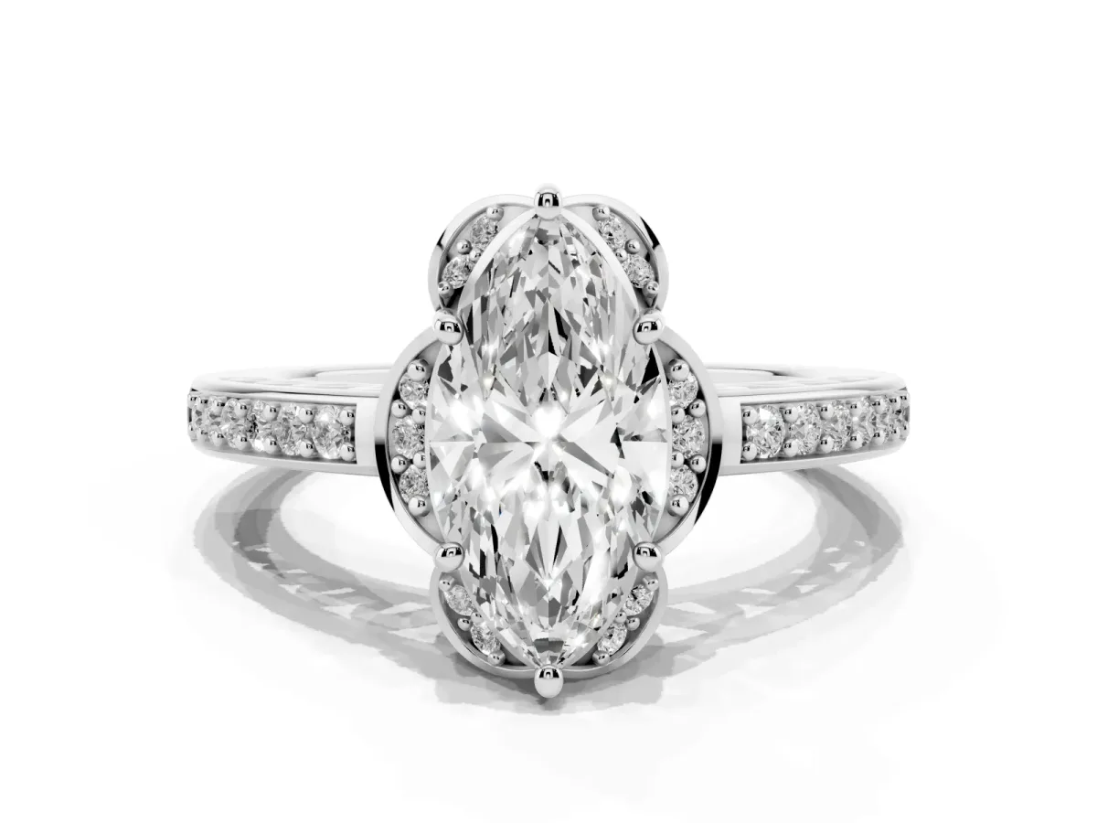 Marquise Cut Cut Halo Diamond Ring with Channel Set Band and Four-Prong Setting Platinum