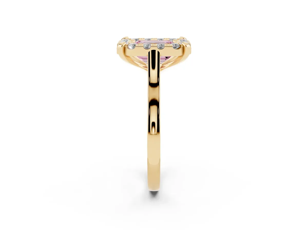 Fancy Pink Emerald Cut Diamond Cluster Halo Solitaire with Four-Prong Setting Yellow gold