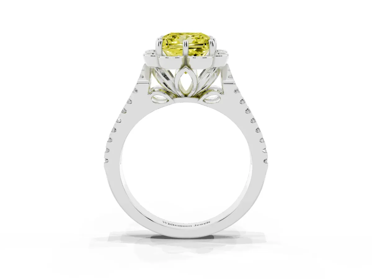 Fancy Yellow Princess Cut Halo Diamond Floral Split Shank Engagement Ring Silver