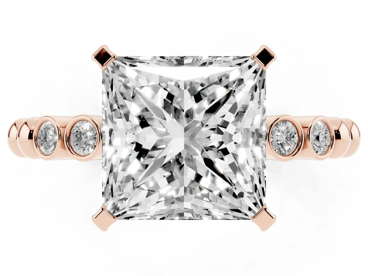 Princess Cut Solitaire Bezel Accent Diamond Engagement Ring with Beaded Band and Four-Prong Setting Rose gold