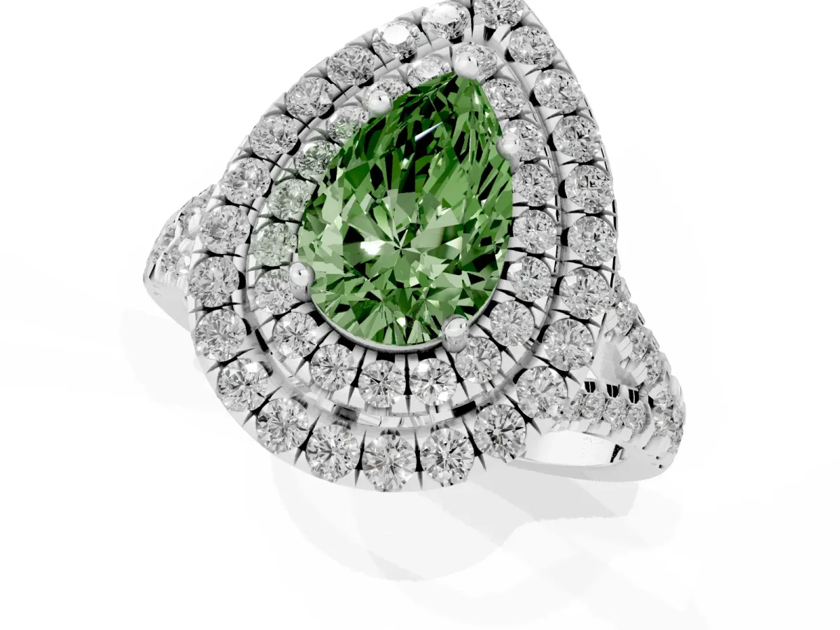 Fancy Green Double Halo Pear Cut Diamond Pavé Split Shank Ring with Prong Setting Platinum