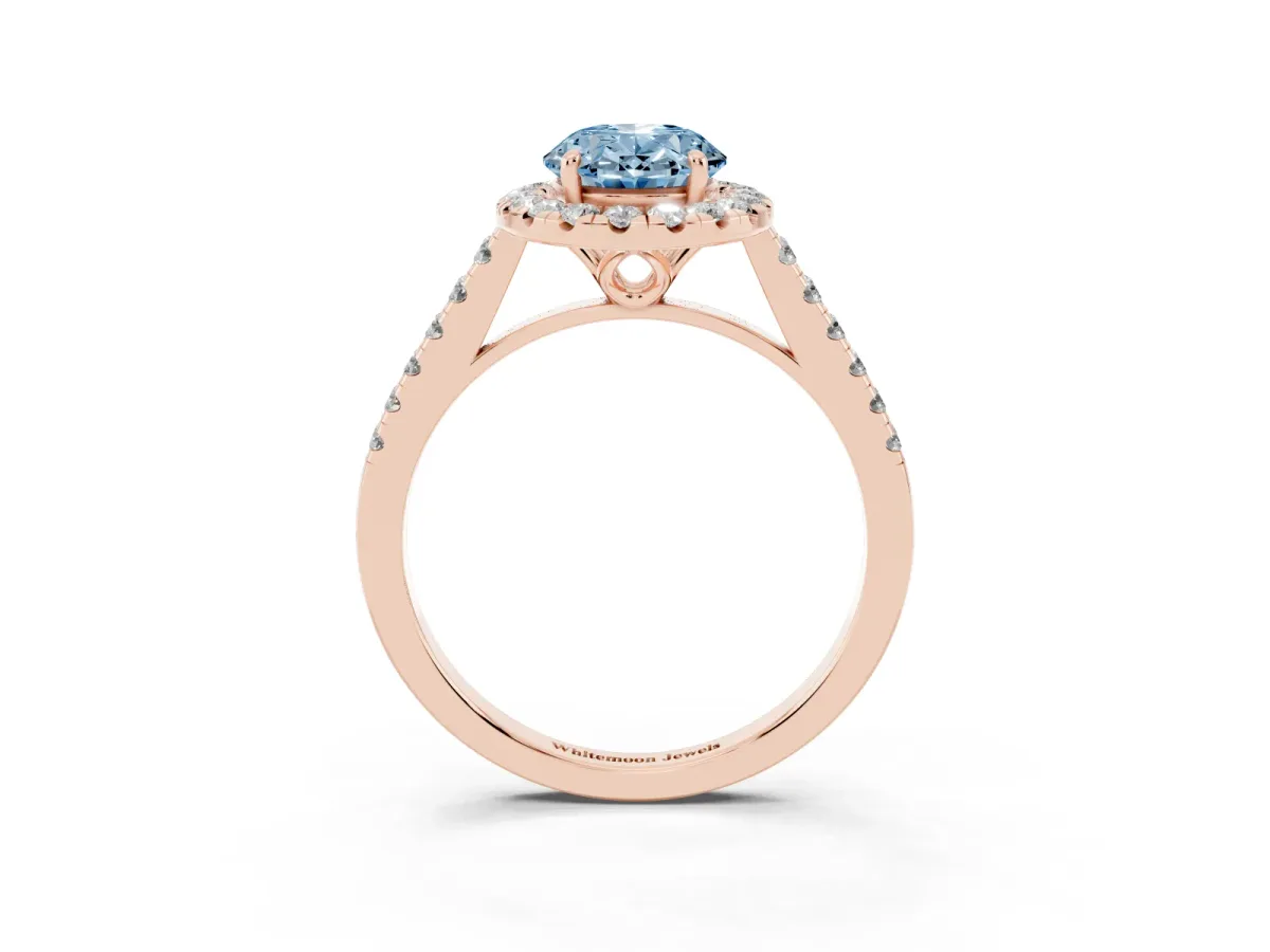 Fancy Blue Oval Cut Halo Pavé Diamond Engagement Ring with Four-Prong Setting Rose gold