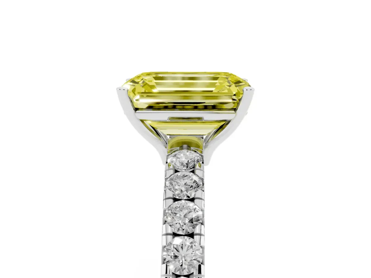 Fancy Yellow Emerald Cut Diamond Pavé Solitaire Engagement Ring with Four-Prong Setting Silver