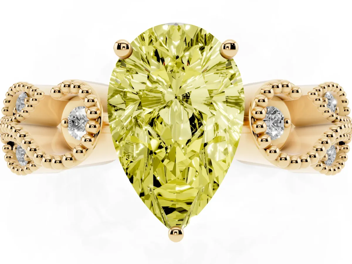 Fancy Yellow Pear Cut Solitaire Milgrain Leaf Band with Prong Setting Yellow gold