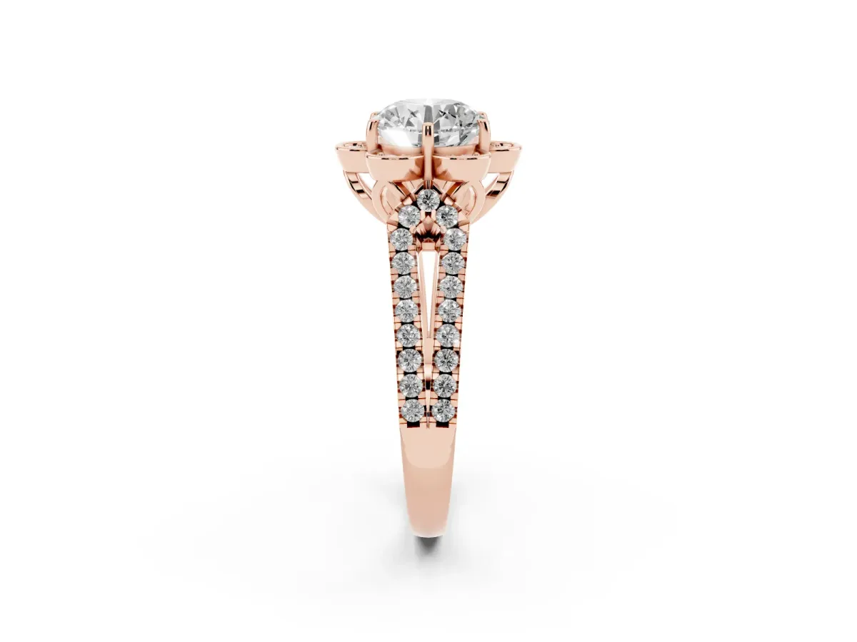 Round Cut Halo Diamond Floral Split Shank Engagement Ring Rose gold