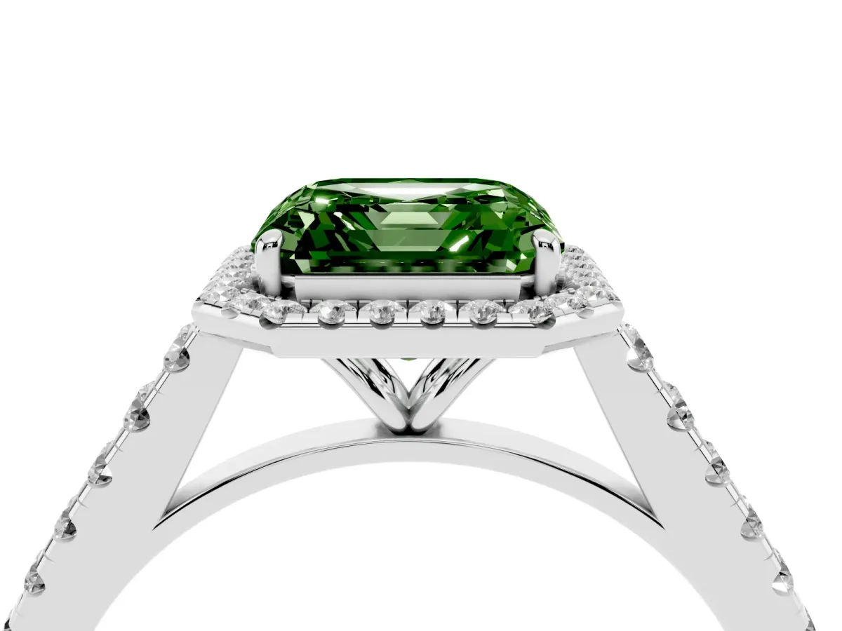 Fancy Green Asscher Cut Halo Pave Diamond Engagement Ring with Four-Prong Setting Platinum