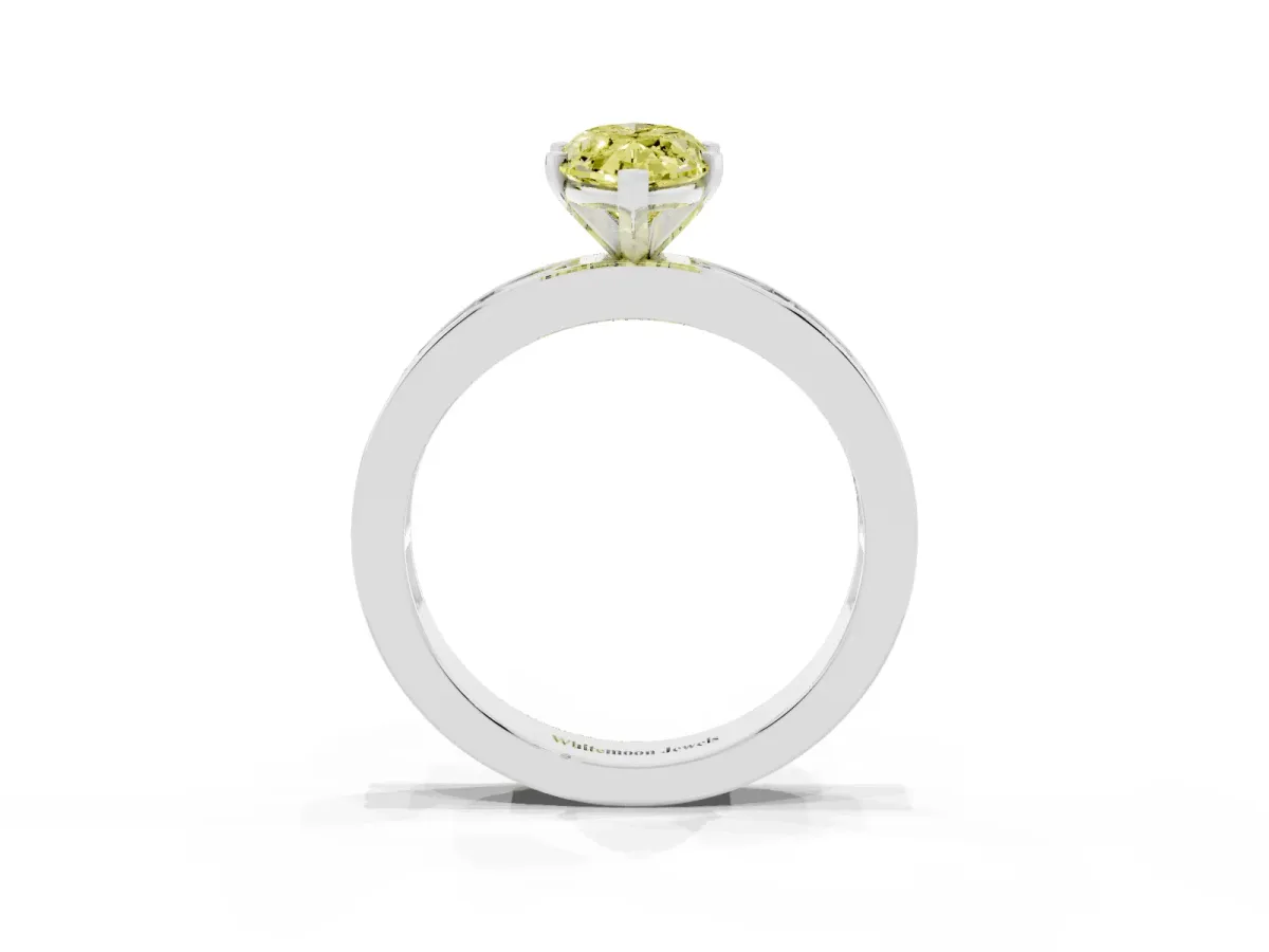 Fancy Yellow Marquise Cut Solitaire Diamond Ring with Channel-Set Baguette Band and Four-Prong Setting Silver